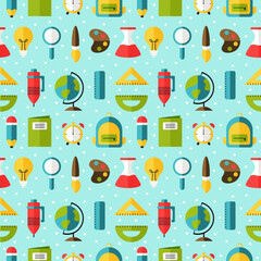 Back to School or Education Seamless Pattern Background with Study Equipment Vector Illustration, Bag, Pencil, Alarm, Book, ruler, Brush, Dye, Bulb Lamp, Laboratory Glass, Globe, Magnifying glass