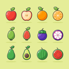 Red Apple, Orange, Guava, Mangosteen, Avocado, Watermelon, Fresh Fruits Icon Illustration Set with Cute Cartoon Style