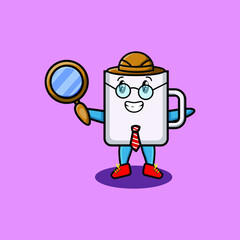 Cute cartoon character Coffee tea cup detective is searching with magnifying glass and cute style design for t-shirt, sticker, logo element
