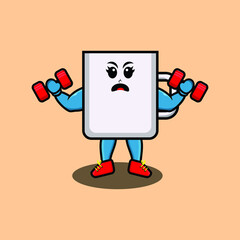 Cute cartoon coffee tea cup is fitness with barbell in modern style design for t-shirt, sticker, logo element