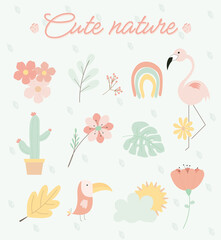 Nature items vector art illustration. Birds, leaves and flowers in cute colors with tiny leaves pattern background