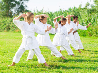 Naklejka na ściany i meble International team of tweens in white kimonos exercising new techniques during outdoors group taekwondo class on green lawn on summer day