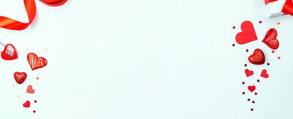 Valentines day gift. Red heart, romantic gift on love white background. Valentine decoration for flatlay card with copy space.