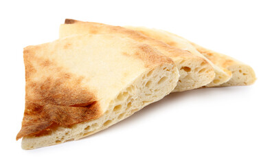 Cut fresh pita bread on white background