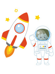 宇宙飛行士の女性と宇宙船　ロケット