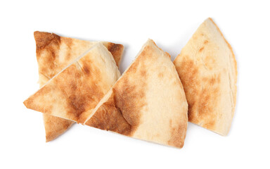 Cut fresh pita bread on white background, top view - obrazy, fototapety, plakaty