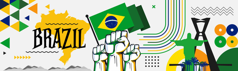 Flag and map of Brazil with raised fists. National day or Independence day design for Brazilian celebration. Modern retro design with Rio landmarks abstract icons. Vector illustration. - obrazy, fototapety, plakaty
