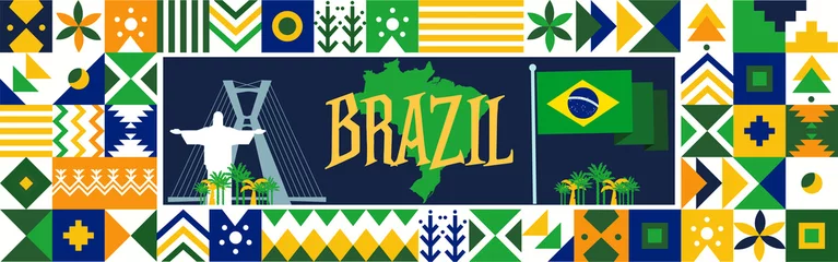Fotobehang Flag and map of Brazil with traditional festival theme. National day or Independence day design for Brazilian celebration. Modern retro design with abstract icons. Vector illustration. © Zeedign.com