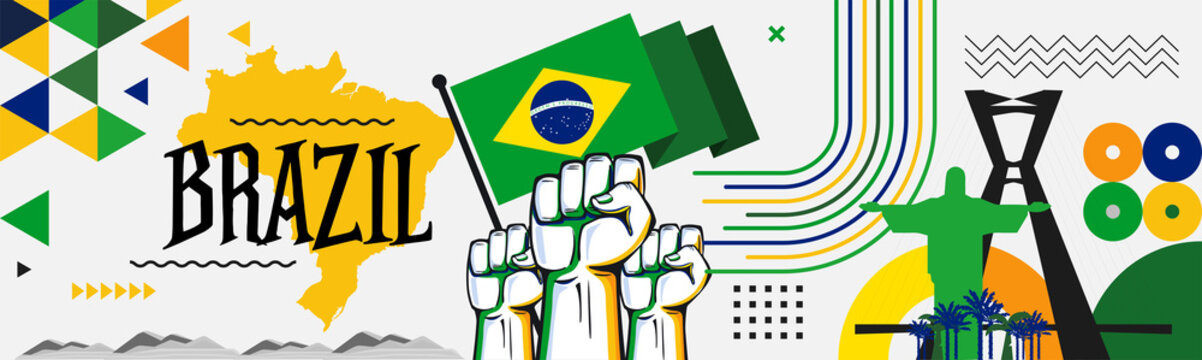 Flag and map of Brazil with raised fists. National day or Independence day design for Brazilian celebration. Modern retro design with Rio landmarks abstract icons. Vector illustration.
