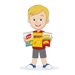 Little boy Illustration Eating Potato Chips