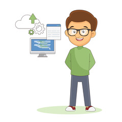 Man Programmer Is Working With Laptop Code. Programmer Coding.