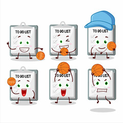 Fototapeta premium Talented paper sheet with clipboard cartoon character as a basketball athlete