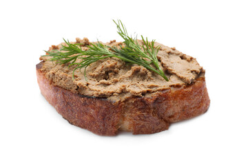 Slice of bread with delicious pate and dill isolated on white