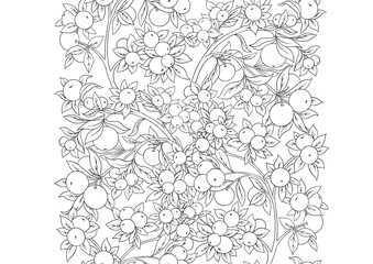 Apples on branches Seamless pattern, background. Outline Vector illustration.