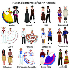 National costumes of the people of North America. A woman and a man in folk national costumes of USA, Mexico, Canada, Greenland, Cuba, Panama, Barbados, Guatemala, Bahams, Dominican, Costa Rica