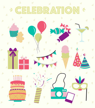 Celebration items vector art illustration in awesome vivid colors. Party food, decorations and funny things. 