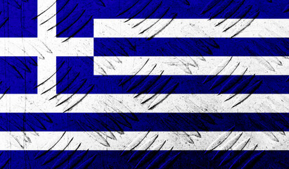 Greece flag on rough metallic surface. 3D image