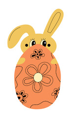 Cute easter bunny hiding behind ornamented egg. Funny rabbit easter celebration element for poster, card, invitation