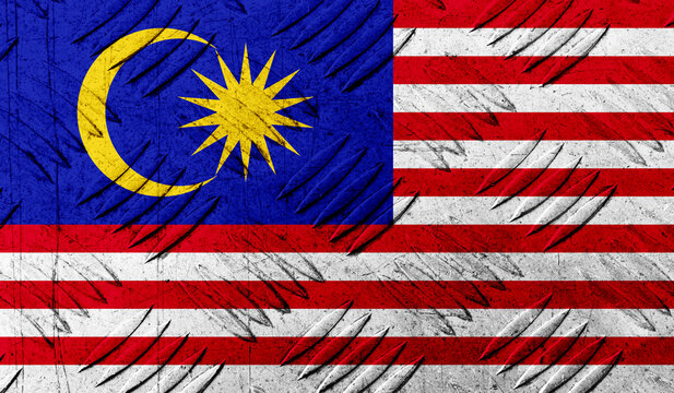 Malaysia flag on rough metallic surface. 3D image