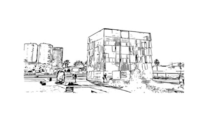 Building view with landmark of Malaga is the 
municipality in Spain. Hand drawn sketch illustration in vector.