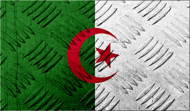 Algeria flag on rough metallic surface. 3D image
