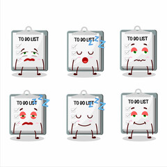 Naklejka premium Cartoon character of paper sheet with clipboard with sleepy expression