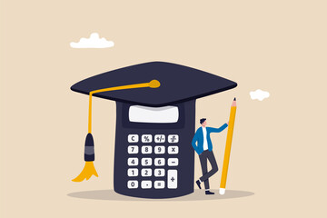 Student loan calculation, education budget allocation, university expense and debt pay off or scholarship payment concept, graduated student standing with mortar board hat calculator.