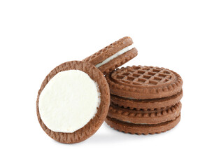 Tasty chocolate sandwich cookies with cream on white background