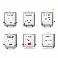 Fototapeta premium Cartoon character of paper sheet with clipboard with what expression