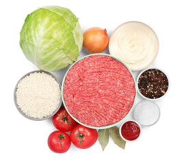 Set of ingredients for preparing stuffed cabbage rolls isolated on white, top view