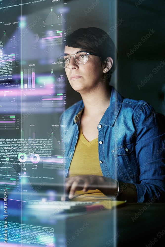 Poster She's developing advanced code. Cropped shot of a young computer programmer looking through data.