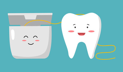 Clean your teeth regularly with dental floss concept. Smiling teeth cartoon using floss in flat design. Dental care. Oral healthcare.