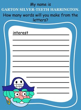 Educational word game with cartoon pirate vector illustration. Anagram game activity page for children in English. Create and write as many word as you can by letters of the pirate name