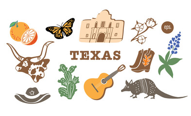 Texas symbol. Vector illustrations set: animals, plants, objects