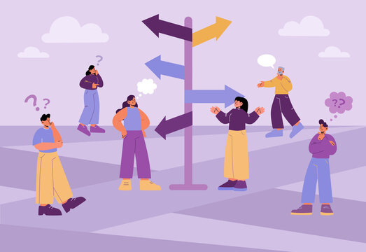 Pensive people thinking on crossroad with direction sign. Vector flat set of doubt, confused and puzzled characters making decision or choice. Men and women choose way near road post with arrow signs