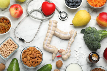 Anatomical model of large intestine, stethoscope, pills and different organic products on white marble background, flat lay