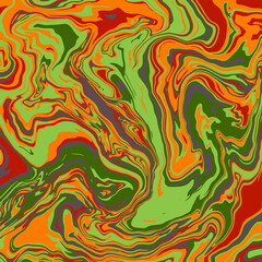 Fluid art texture. Abstract background with swirling paint effect.  Liquid acrylic picture that flows and splashes. Mixed paints for interior poster. Green, yellow and orange iridescent colors. 