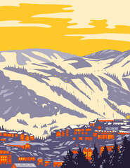 WPA poster art of Park City east of Salt Lake City with the Wasatch Range part of the Wasatch Back in the Rocky Mountains in Utah, United States done in works project administration style. - 481295165