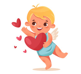 Funny cupid, little angels or amur. Cupid catches hearts. Romantic flat character. 
