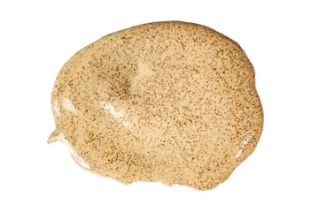 Smeared drop of brown scrub isolated on white background. Beauty and skin care conception. Coffee anti-cellulite body scrub