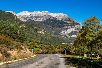 Beautiful view of the Valley of Hecho in the Spanish Pyrenees in autumn, Spain