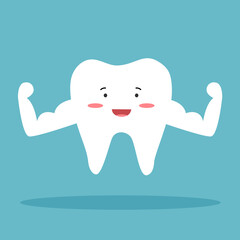 Healthy strong teeth cartoon character in flat design. Dental health.