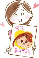 子供が描いた似顔絵をもらって喜ぶママのイメージイラスト（母の日）
