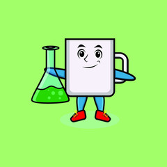 Cute cartoon mascot character coffee tea cup as scientist with chemical reaction glass in cute modern style design for t-shirt, sticker, logo element