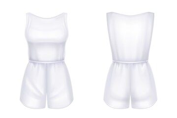 Woman jumpsuit 3d vector overalls blank mockup. White female apparel with shorts and sleeveless tank top realistic template. Girls clothes, summer garment or nightwear, isolated outfit design mock up