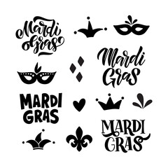 Mardi Gras traditional carnival. Fat Tuesday holiday vector illustration set. Fleur de lis, mask, crown clipart. Hand drawn modern black lettering quote isolated on white background for sticker, card. © Alena Koval