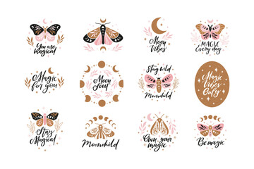 Celestial butterfly vector illustration. Mystical moth with moon phases. Magical insect on white background. Magic vibes only quote, trendy phrase. Design for poster, card, t shirt print.