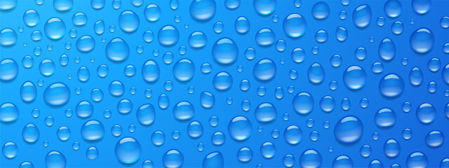 Condensation water drops on blue background. Rain droplets with light reflection on window surface, abstract wet texture, scattered pure aqua blobs pattern, backdrop, Realistic 3d vector illustration