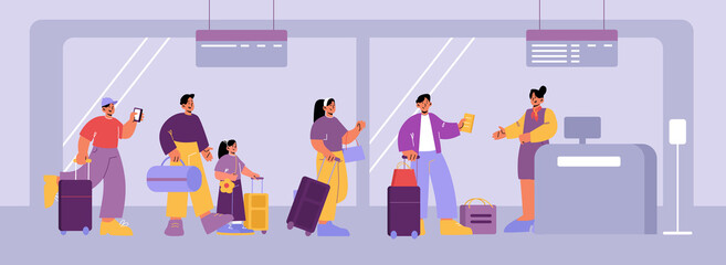 Fototapeta premium Airport terminal with check desk. People with suitcases standing in queue to registration for departure. Vector flat illustration of passengers with luggage and tickets in line to checkin counter
