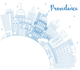 Outline Providence Rhode Island City Skyline with Blue Buildings and Copy Space.